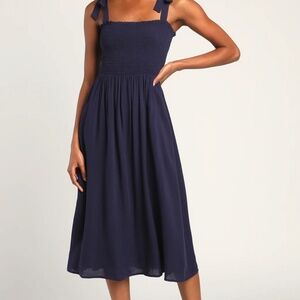 Lulus Looking Up Navy Blue Smocked Tie-Strap Midi Dress- NWOT